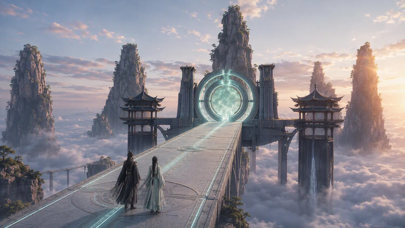 Yan and Luo before the fully opened Meridian Gate at sunrise.