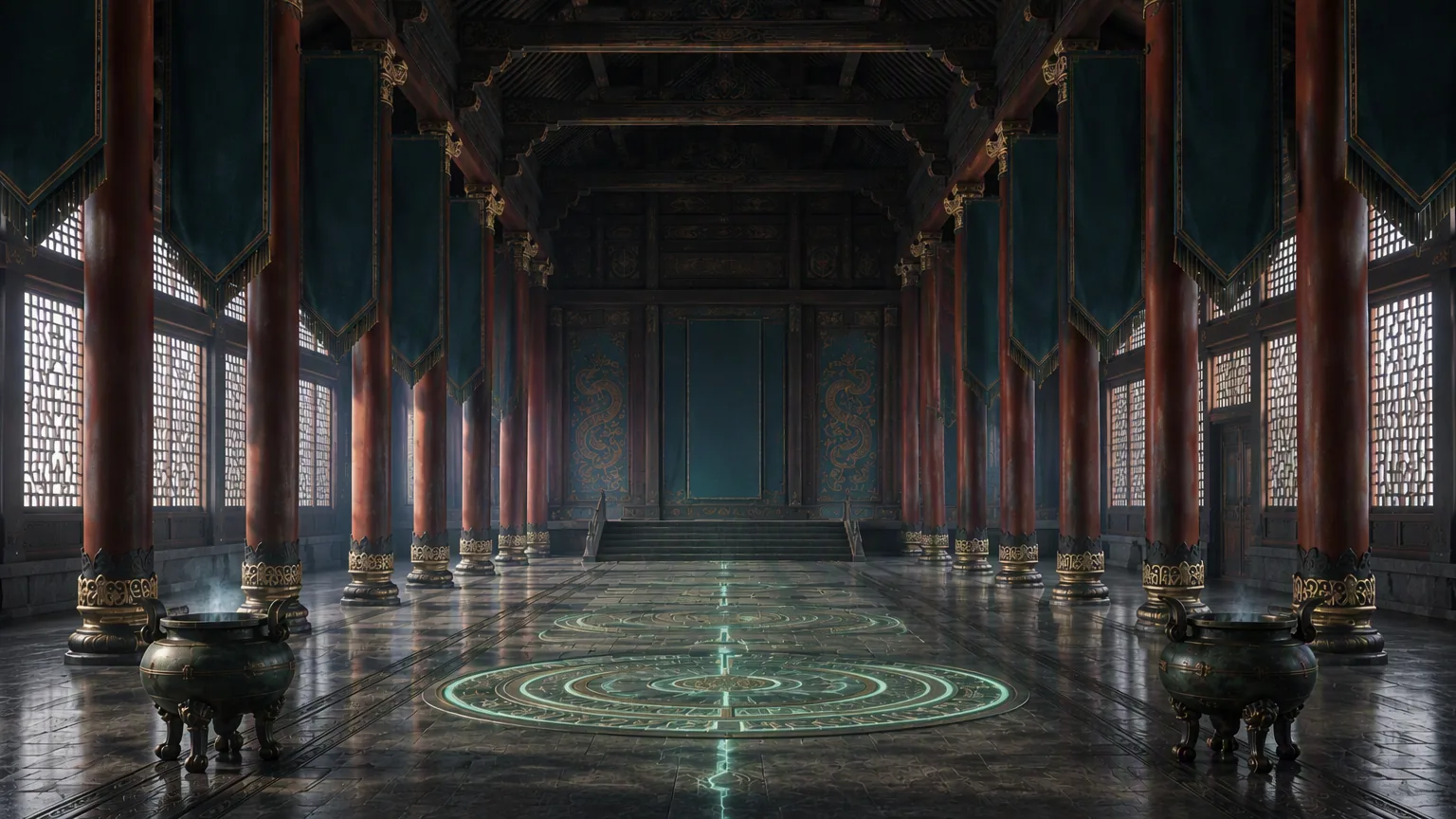 The Hall of Still Thunder as its floor channels begin to stir.