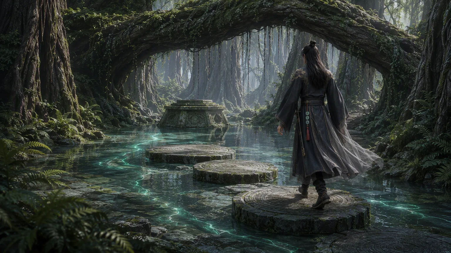 Yan Qinghe crossing circular stones through Spiritroot Forest as light travels beneath the water.